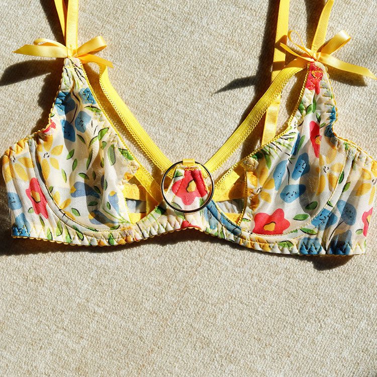 Floral Print Lingerie Set with Yellow Straps - Late Night Lingerie