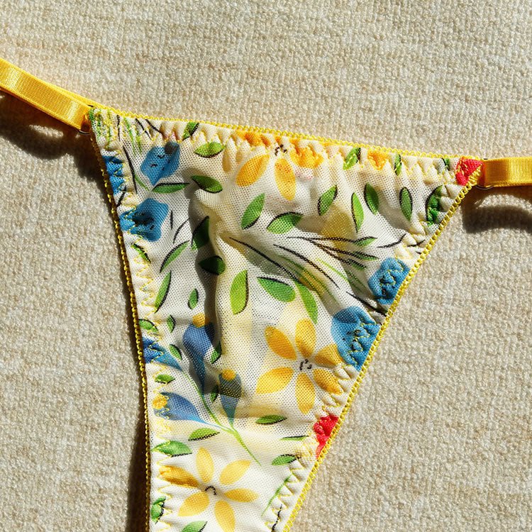 Floral Print Lingerie Set with Yellow Straps - Late Night Lingerie
