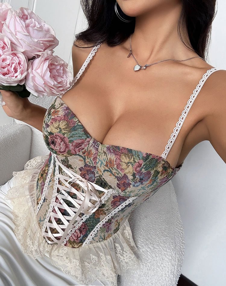Floral Tapestry Corset with Lace Trim - Late Night Lingerie