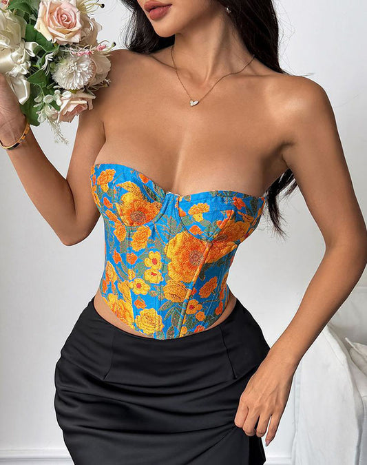Vibrant Floral Bustier with Blue Base