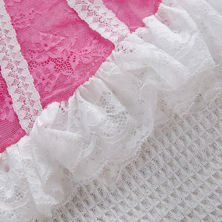 Rose Mesh Chemises with White Lace Trim