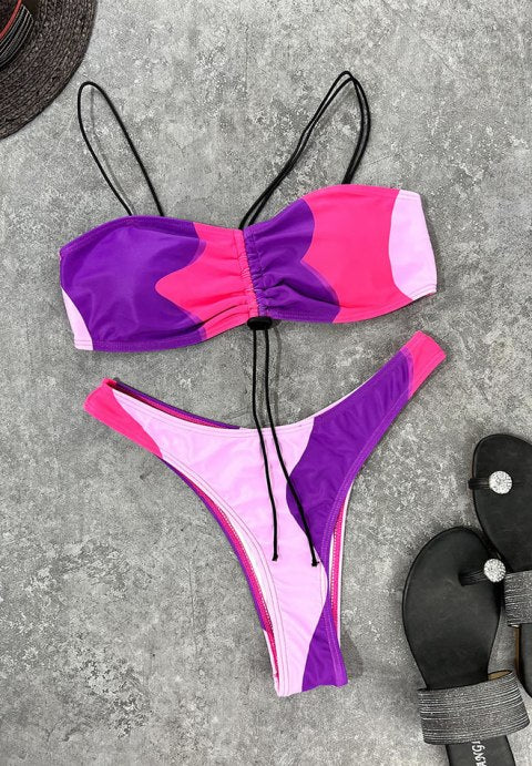 Colorblock Drawstring High Cut Bikini Swimsuit