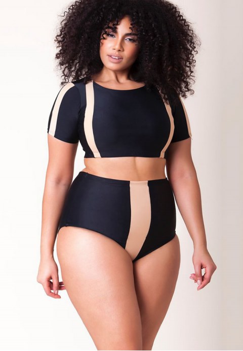 Plus Size Contrast Stripe Sleeved Crop High Waist Bikini Swimsuit