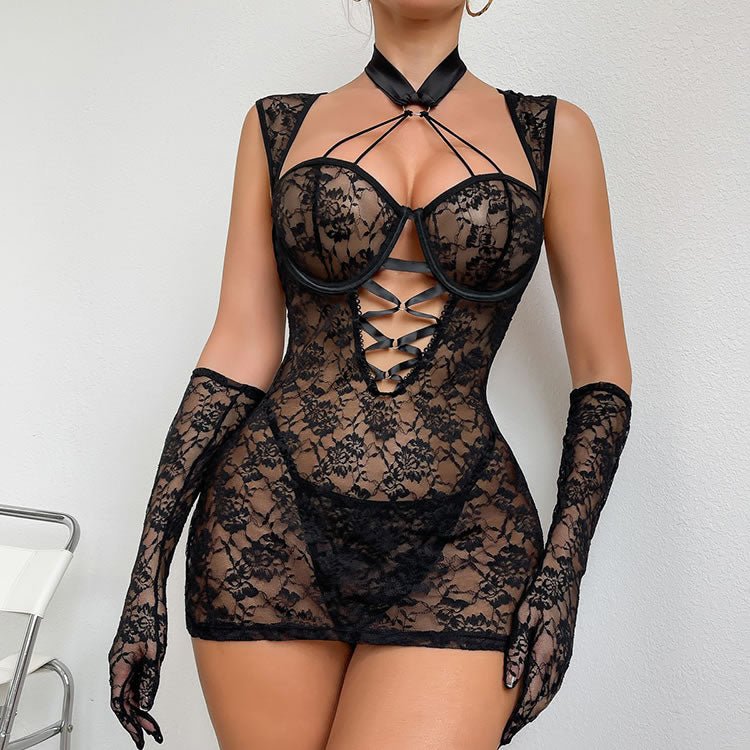 Halter Neck Lace Chemises with Attached Gloves - Late Night Lingerie