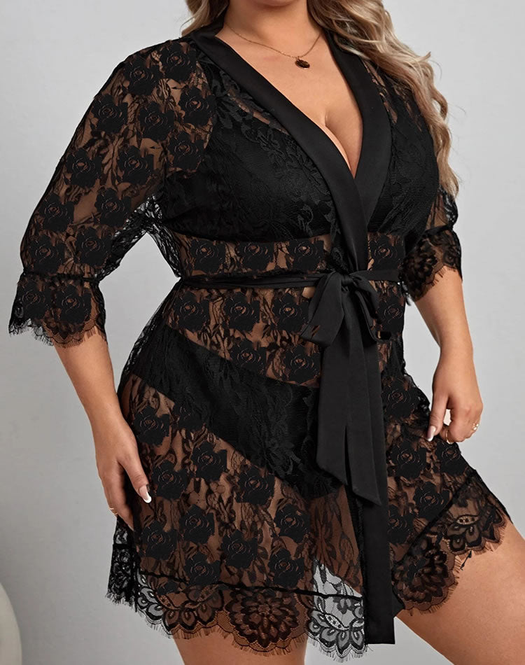 Plus Size Eyelash Lace Robe and G-String