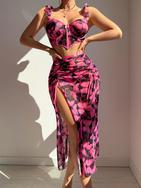 Pink Butterfly Print Lingerie Two-Piece Set