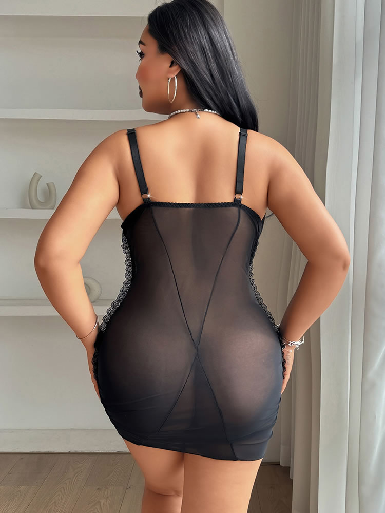 Plus Size Sheer Mesh Chemise with Floral Embroidery and Lace Trim