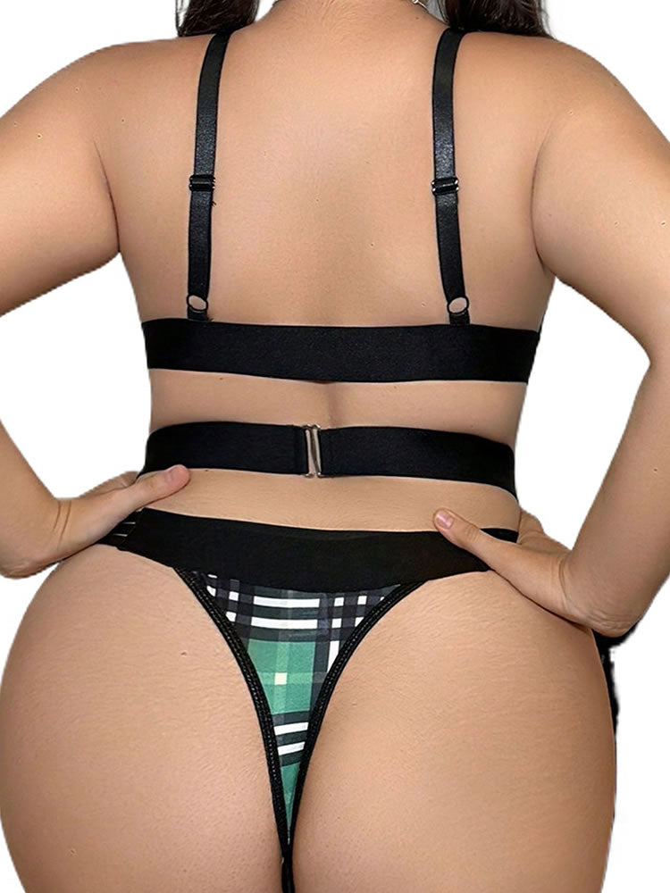 Plus Size Tartan Print Harness Bra and Garter Panty Combo