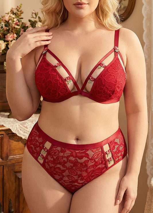 Plus Size Red Floral Lace Lingerie Set with 3D Rosebuds