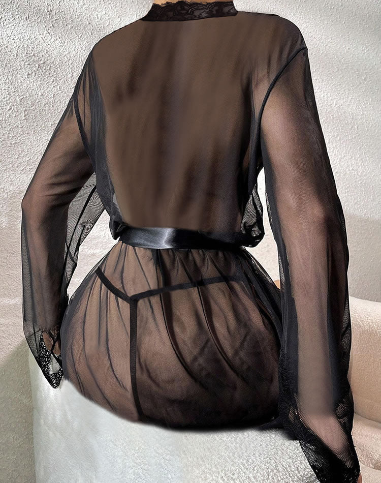 Lace and Mesh Robe with G-string - Late Night Lingerie
