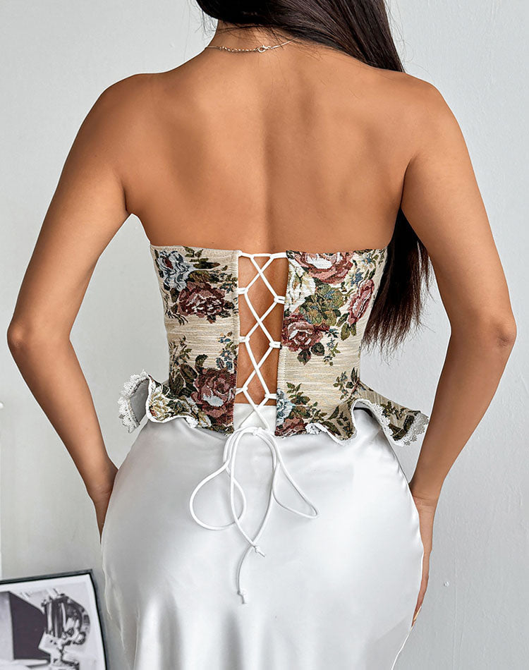 Vintage Floral Bustier with Lace Trim