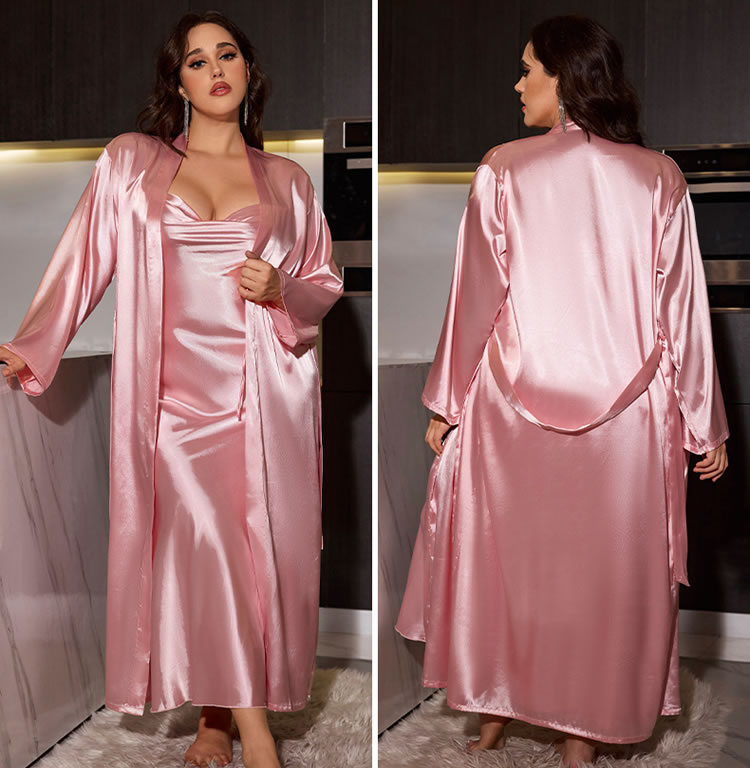 Plus Size Chic Burgundy Satin Robe and Nightgown Set