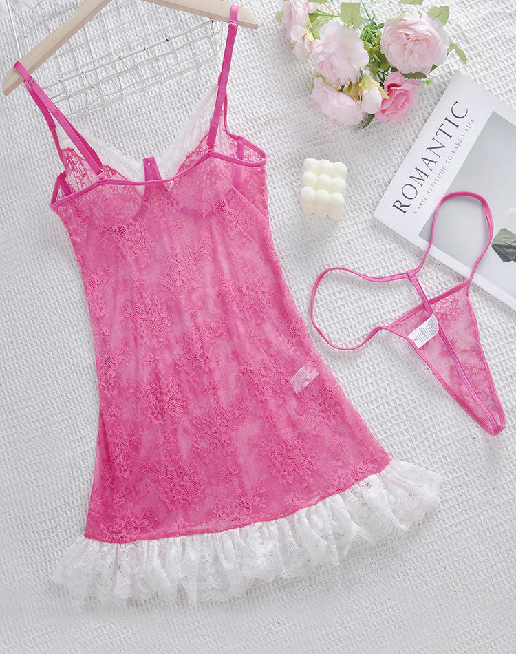 Rose Mesh Chemises with White Lace Trim