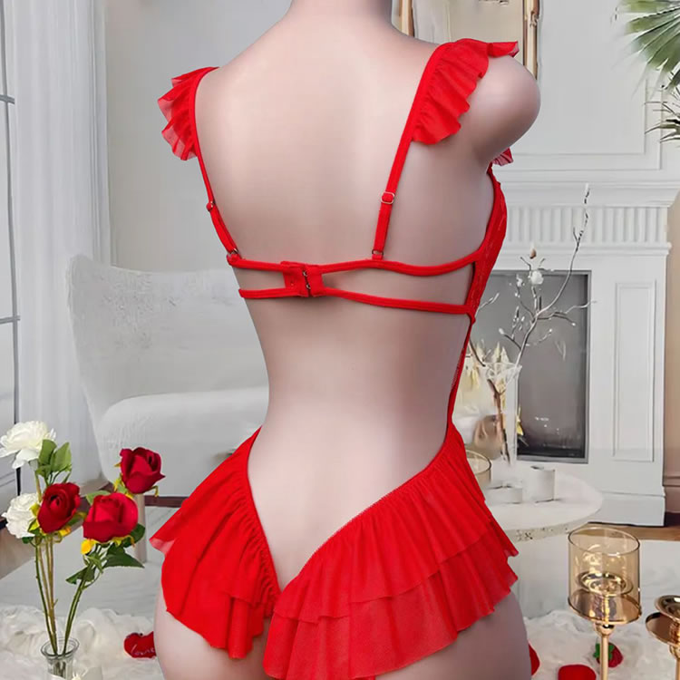 Plus Size Red Lace Babydoll with Ruffled Straps