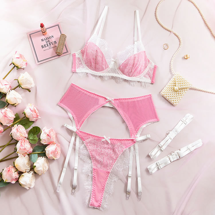 White and Pink Floral Lace Lingerie Set with Thigh Straps