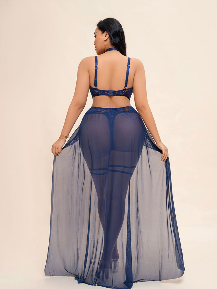 Plus Size Royal Blue Strappy Lingerie Set with Sheer Robe