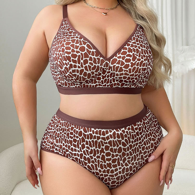 Women’s Plus Size Brown Animal Print Bra and Brief Set – Soft Stretch High Waisted Lingerie for Curvy Women