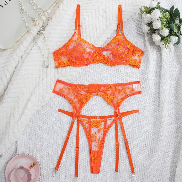 Orange Lace Bra and Thong Set with Garter Straps - Late Night Lingerie