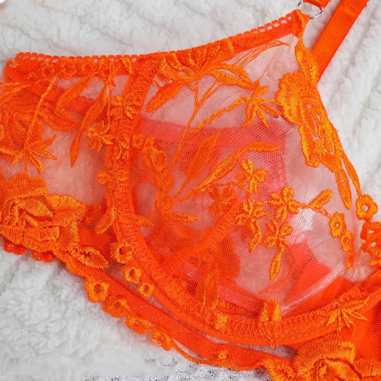 Orange Lace Bra and Thong Set with Garter Straps - Late Night Lingerie