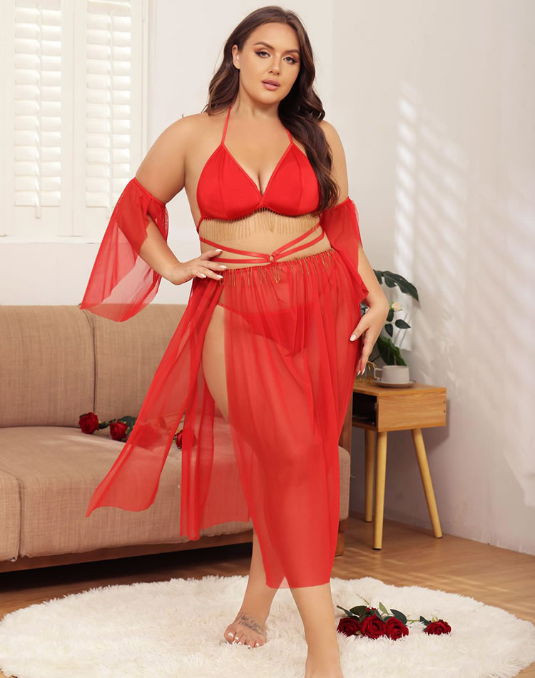 Plus Size Fluttering Mesh Bra and Skirt Set