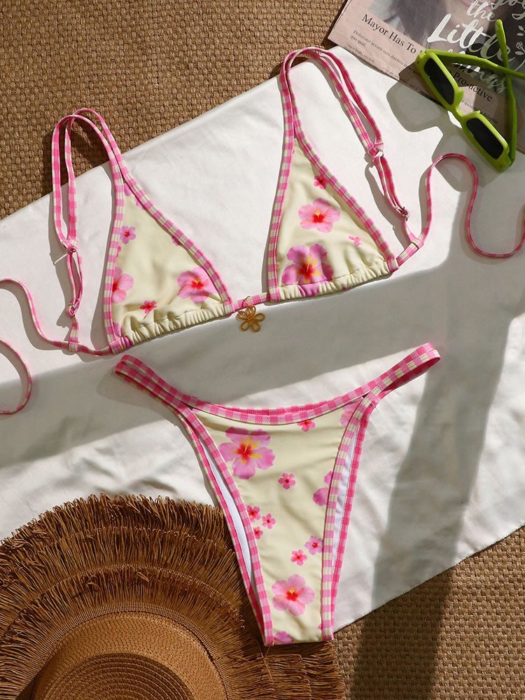 Pink Floral and Gingham Triangle Bikini Set - Late Night Lingerie