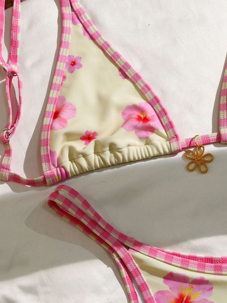 Pink Floral and Gingham Triangle Bikini Set - Late Night Lingerie