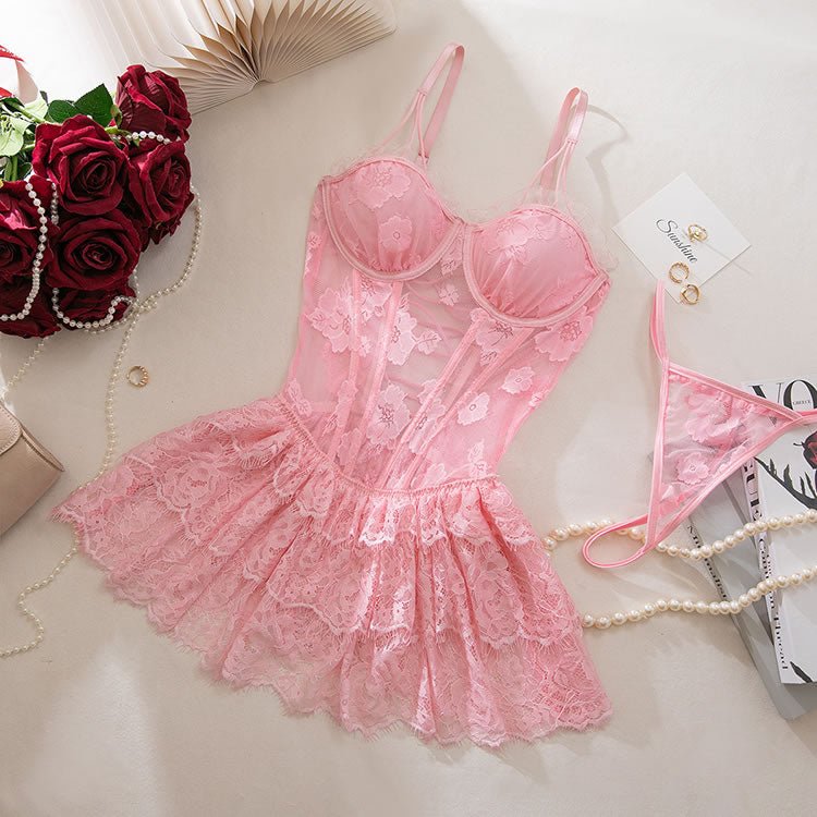 Pink Floral Lace Babydoll Lingerie with Ruffle Skirt - Late Night Lingerie