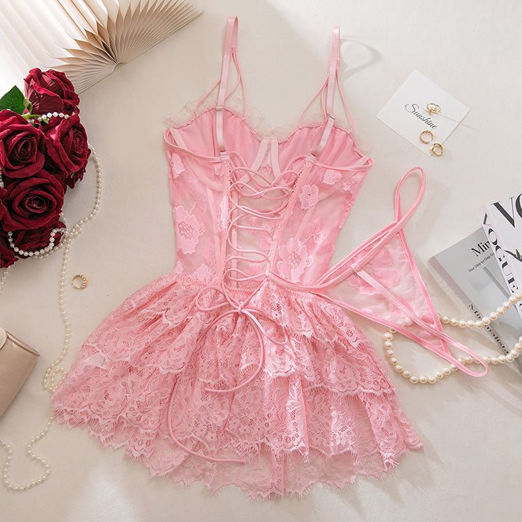 Pink Floral Lace Babydoll Lingerie with Ruffle Skirt - Late Night Lingerie