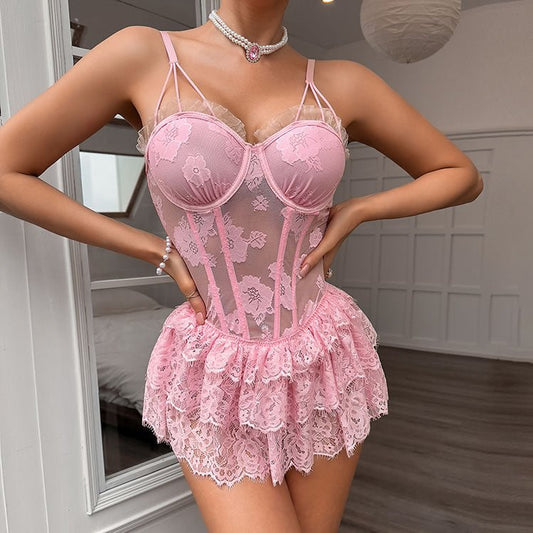 Pink Floral Lace Babydoll Lingerie with Ruffle Skirt - Late Night Lingerie