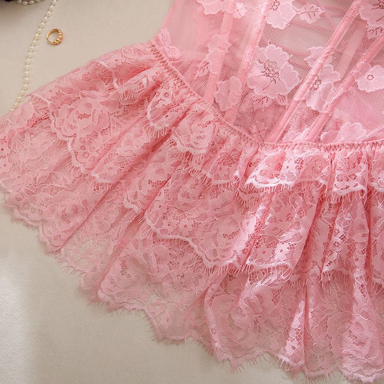 Pink Floral Lace Babydoll Lingerie with Ruffle Skirt - Late Night Lingerie