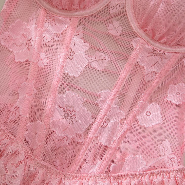 Pink Floral Lace Babydoll Lingerie with Ruffle Skirt - Late Night Lingerie