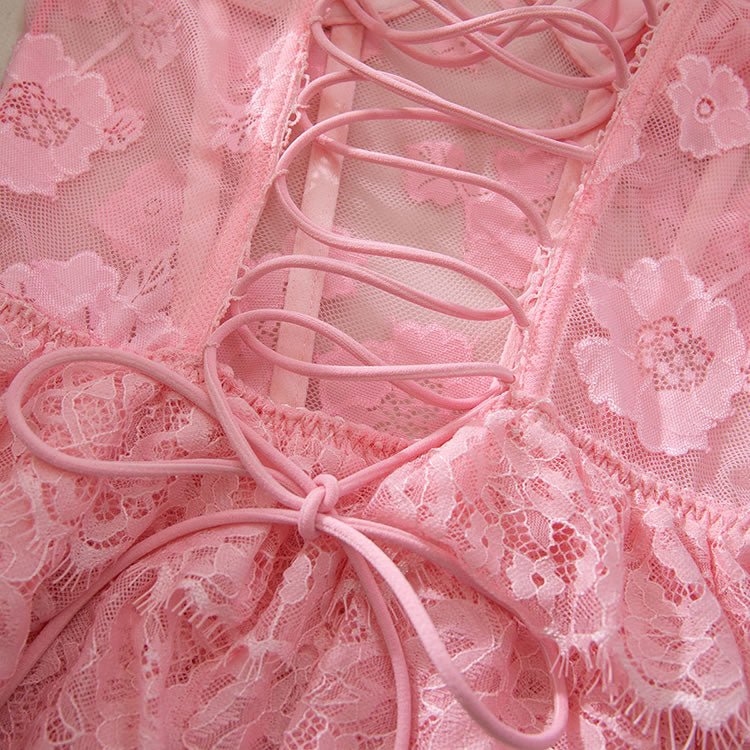 Pink Floral Lace Babydoll Lingerie with Ruffle Skirt - Late Night Lingerie