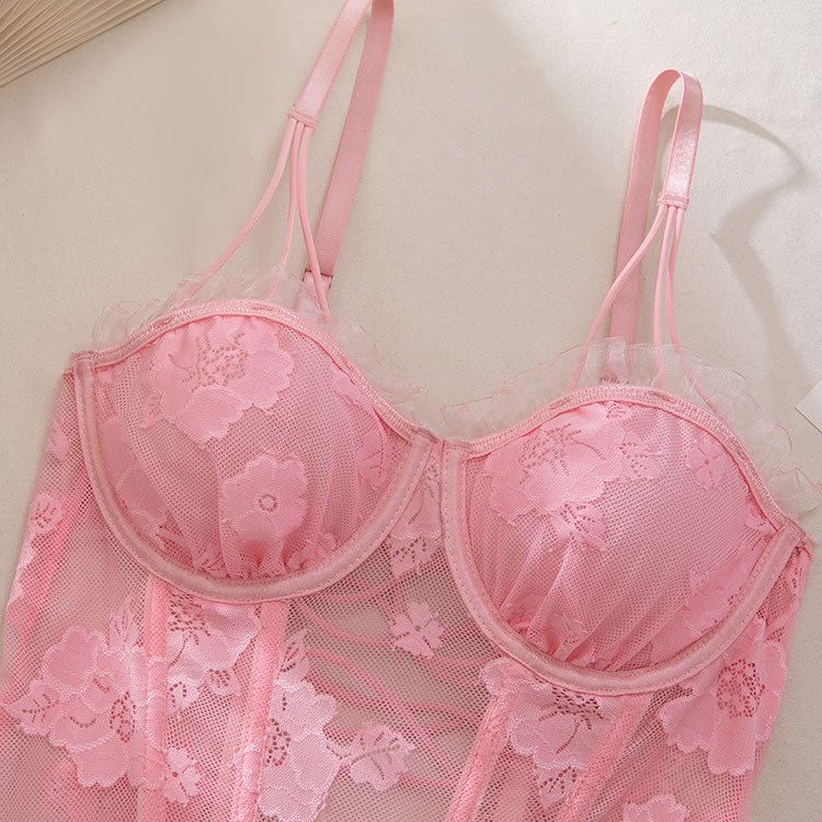 Pink Floral Lace Babydoll Lingerie with Ruffle Skirt - Late Night Lingerie