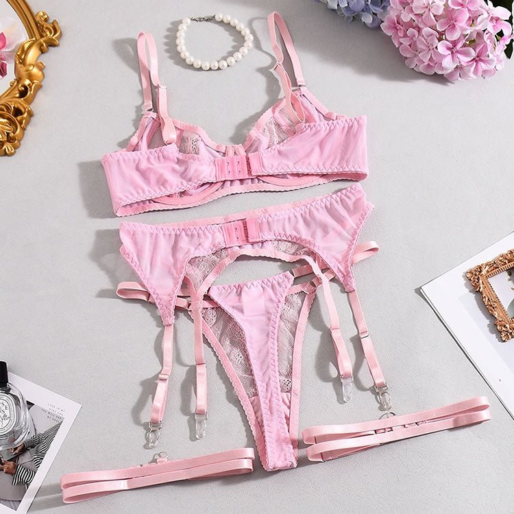 Pink Lace Lingerie Set with Garter Belt - Late Night Lingerie