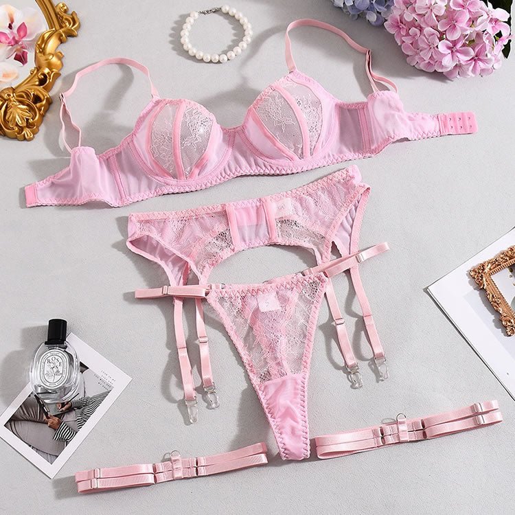 Pink Lace Lingerie Set with Garter Belt - Late Night Lingerie