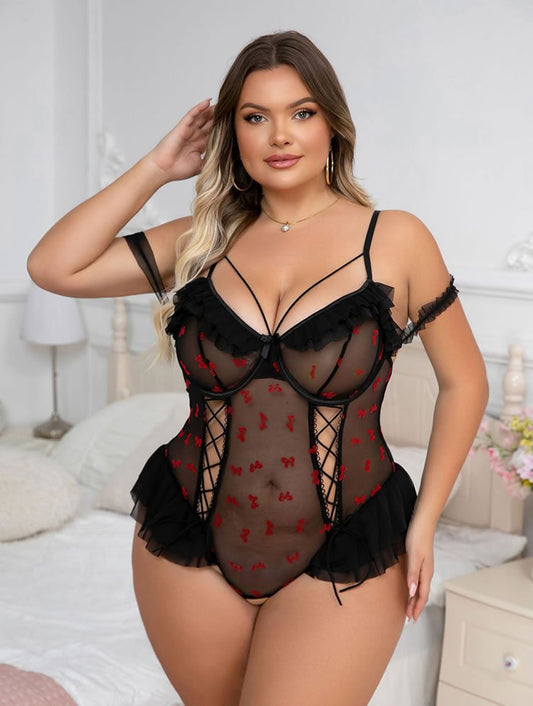 Plus Size Alluring Black Lace-Up Teddy - Late Night Lingerie