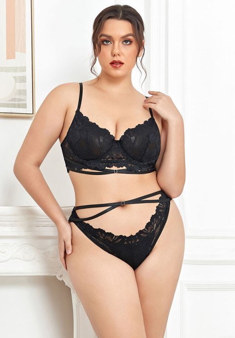 Plus Size Black Floral Lace Adjustable Strap Underwire Bra Set - Late Night Lingerie