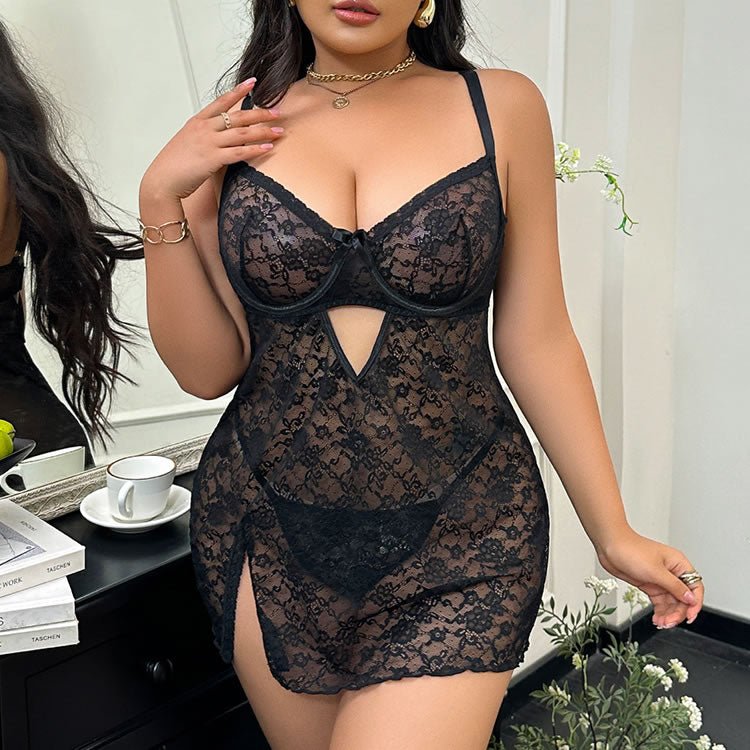 Plus-Size Black Lace Chemise with Cutout Detail - Late Night Lingerie