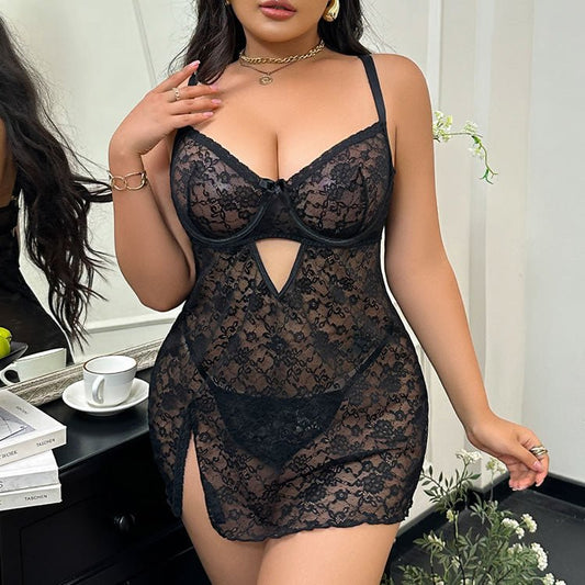 Plus-Size Black Lace Chemise with Cutout Detail - Late Night Lingerie