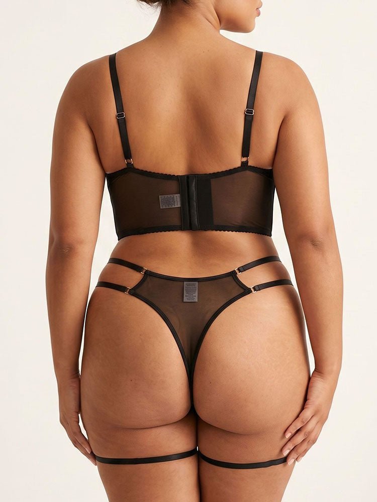Plus Size Black Sheer Bustier Set with Blue Floral Embroidery and Garters - Late Night Lingerie