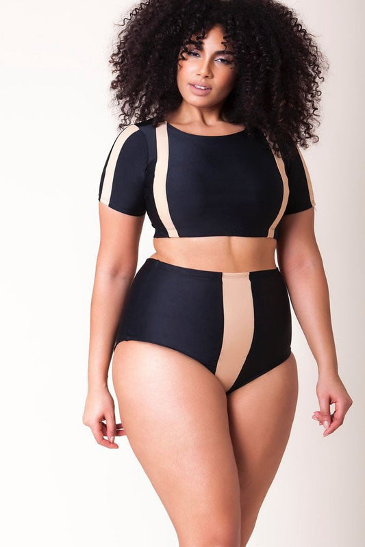 Plus Size Contrast Stripe Sleeved Crop High Waist Bikini Swimsuit - Late Night Lingerie