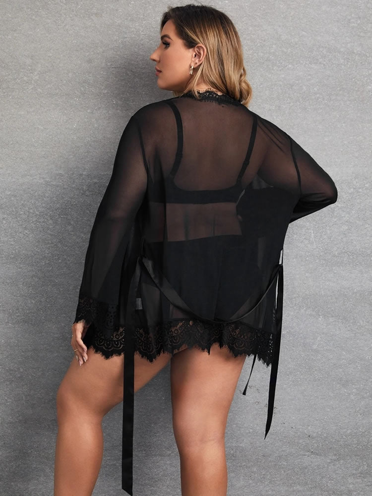 Plus Size Eyelash Lace Robe and G-String - Late Night Lingerie
