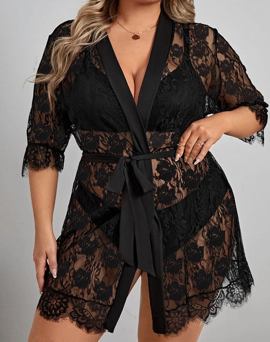 Plus Size Eyelash Lace Robe and G-String - Late Night Lingerie