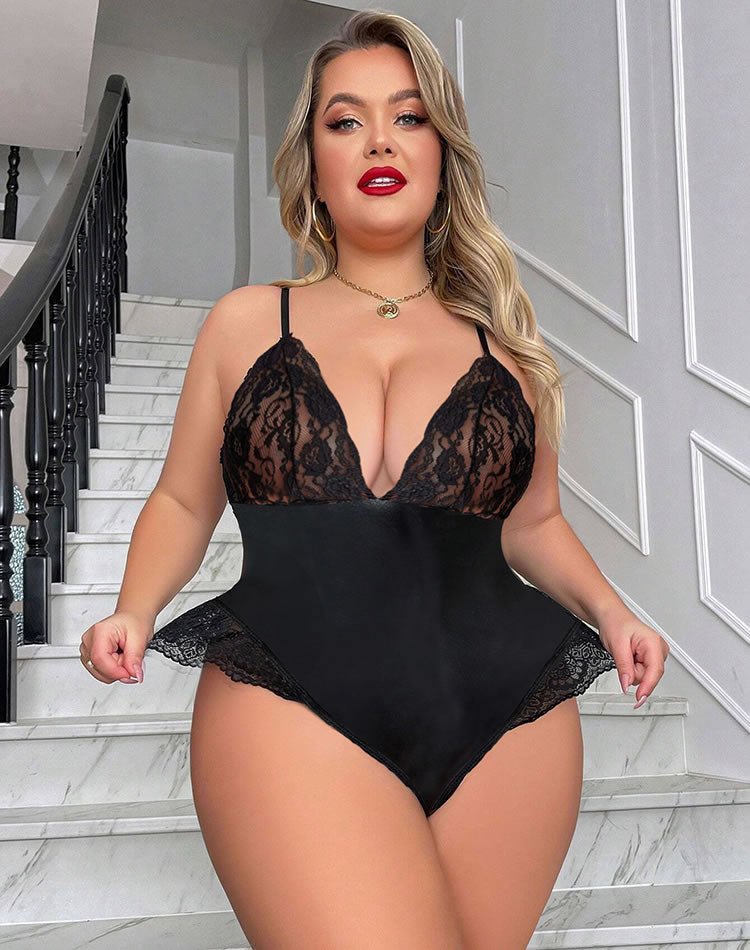 Plus Size Faux Leather and Lace Teddy - Late Night Lingerie