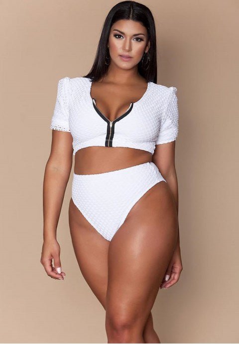 Plus Size Mesh Sleeved High Waist High Leg Crop Bikini Swimsuit - Late Night Lingerie