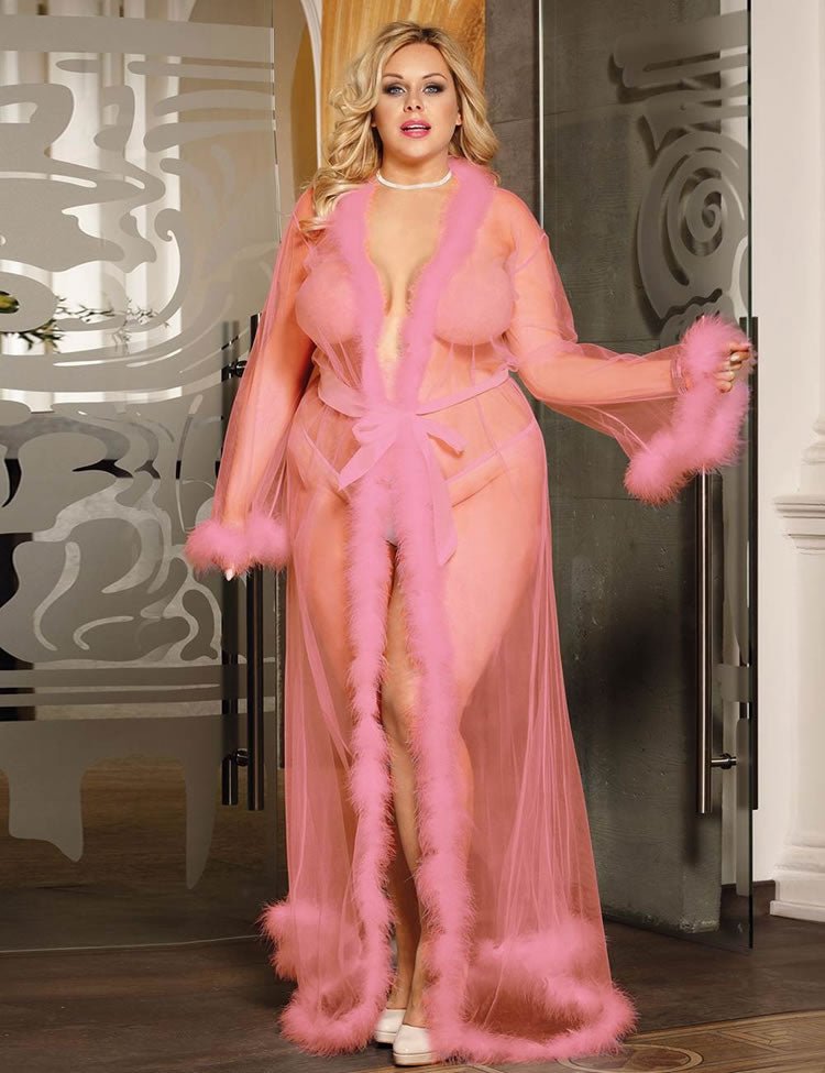 Plus Size Queen Robe Perspective Sheer Sleepwear With Fur - Late Night Lingerie