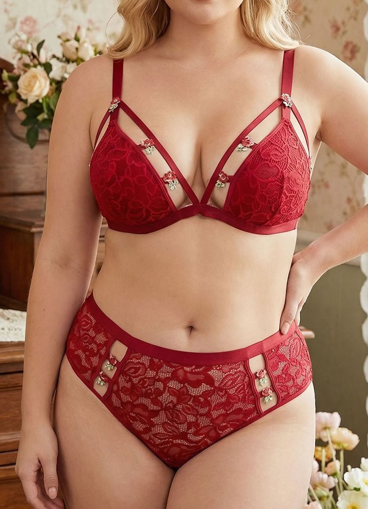 Plus Size Red Floral Lace Lingerie Set with 3D Rosebuds - Late Night Lingerie