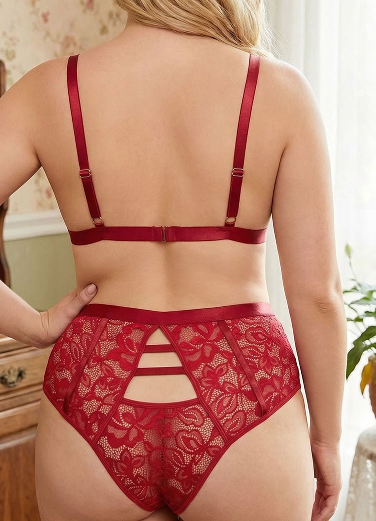 Plus Size Red Floral Lace Lingerie Set with 3D Rosebuds - Late Night Lingerie