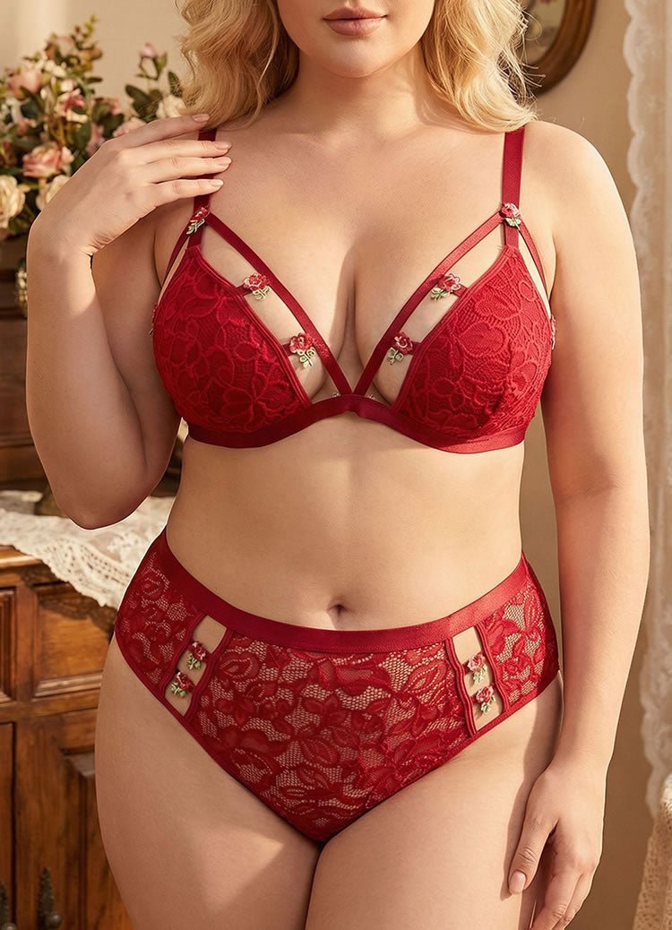 Plus Size Red Floral Lace Lingerie Set with 3D Rosebuds - Late Night Lingerie