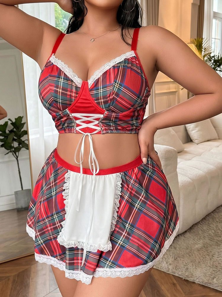 Plus Size Red Plaid Maid Lingerie Set with Apron - Late Night Lingerie